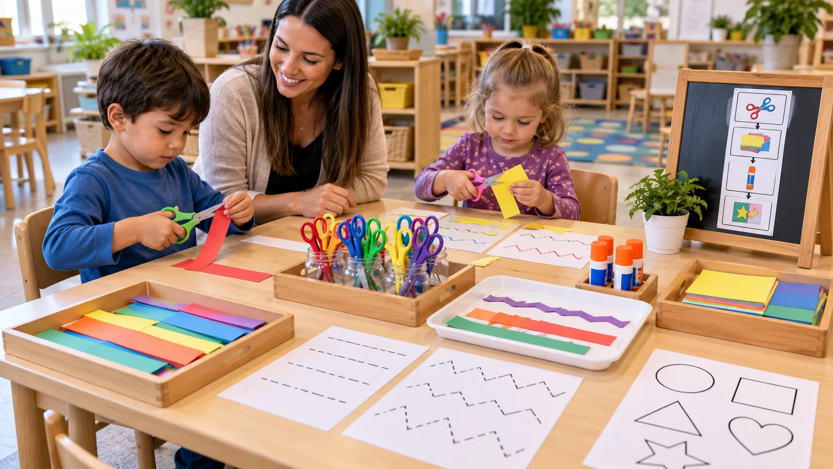 Teacher overseeing a preschool scissor cutting activity station