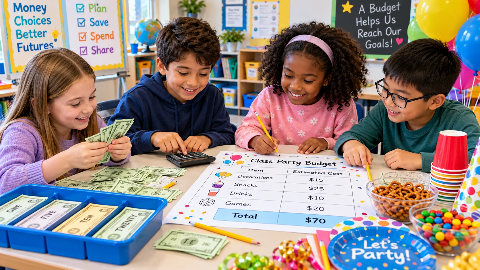 Elementary students planning a classroom party budget using play money, a calculator, and a cost worksheet