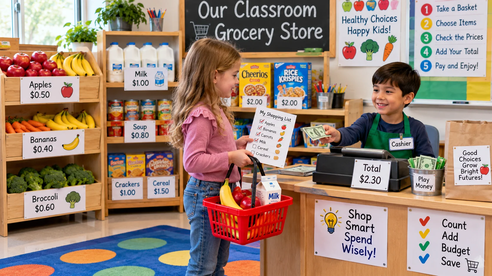 Children playing shopper and cashier in a classroom grocery store with food displays and prices
