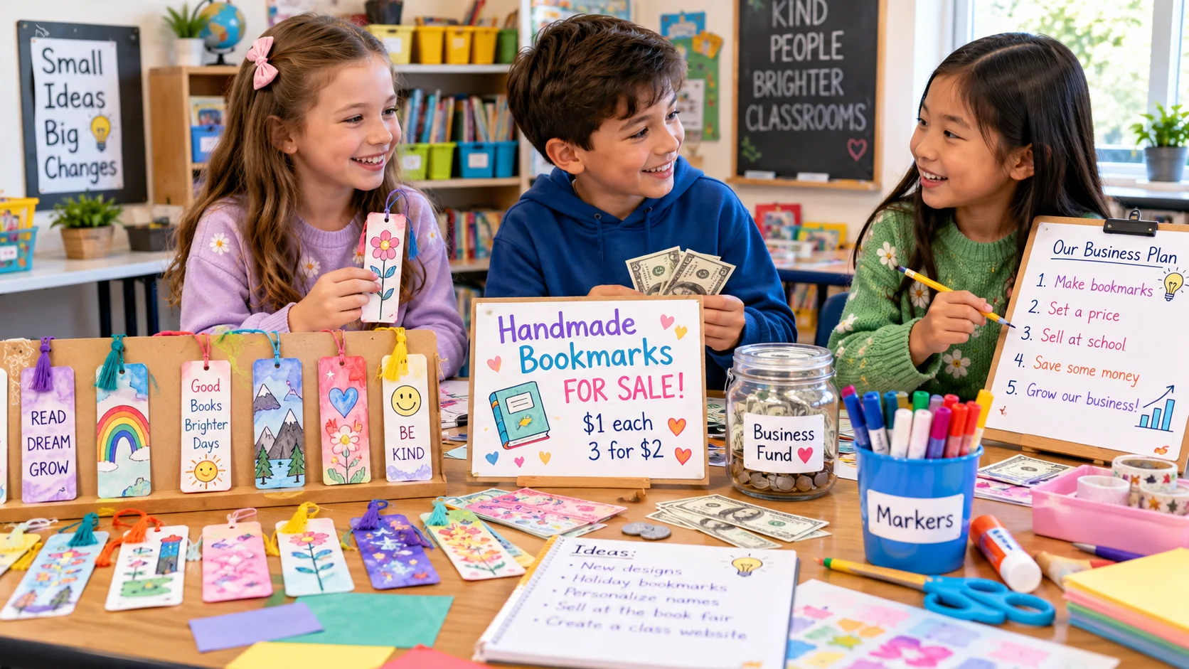 Elementary students presenting handmade bookmarks and a classroom business plan with play money