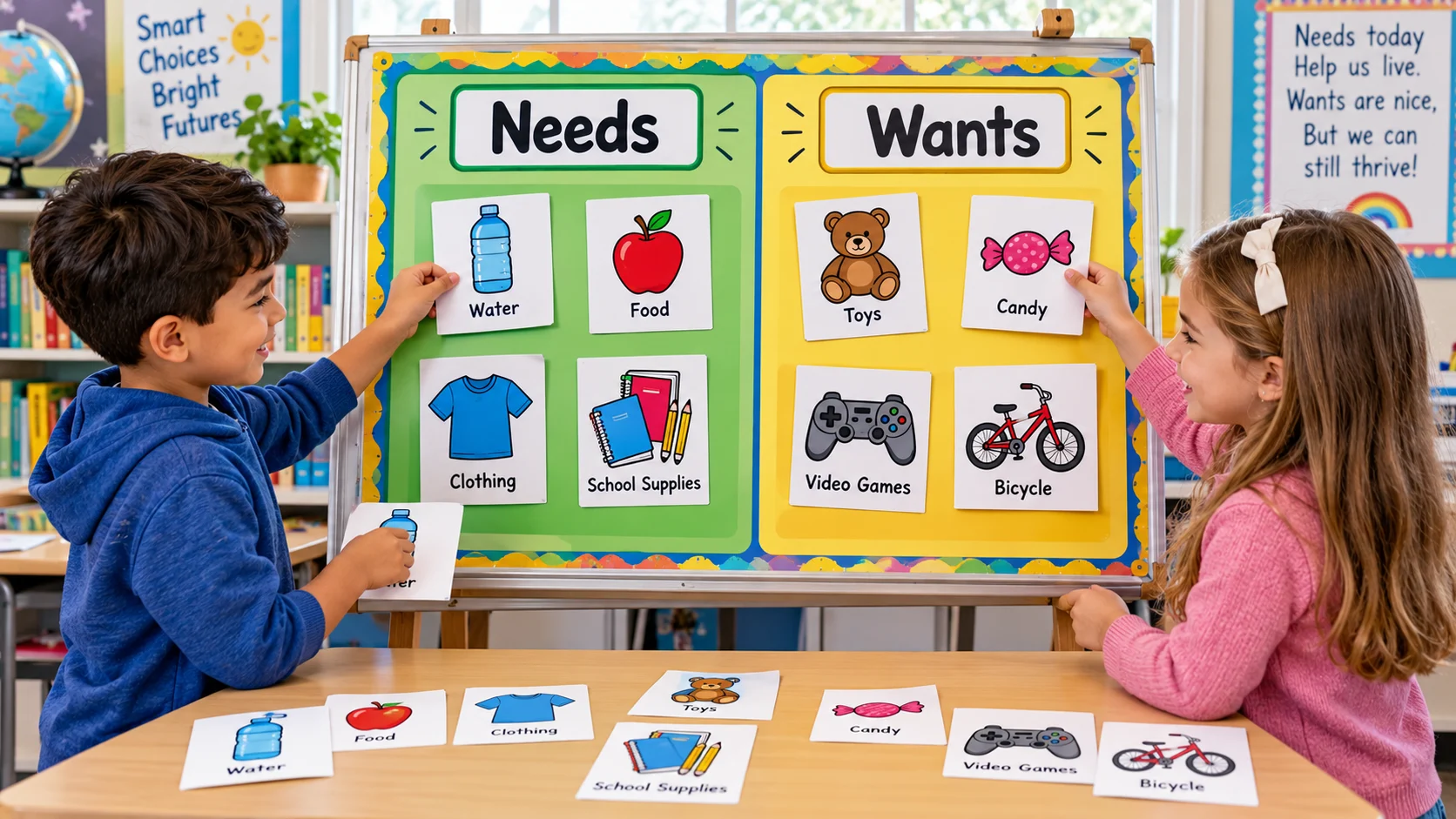 Two children sorting picture cards into Needs and Wants categories on a classroom board