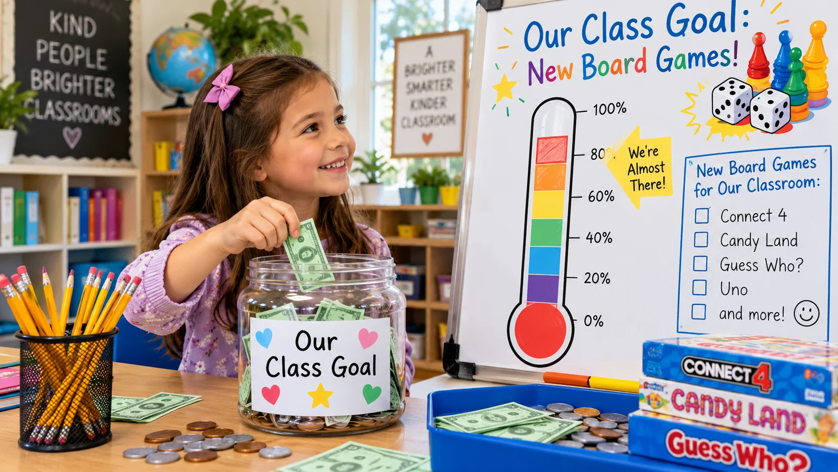 Child adding play money to a classroom savings jar beside a colorful board-game goal tracker