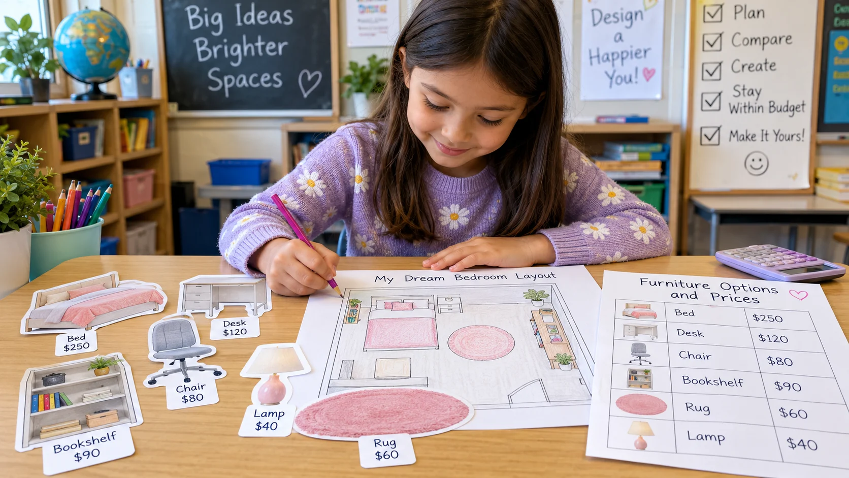 Student drawing a dream bedroom floor plan with paper furniture pictures, a price list, and calculator