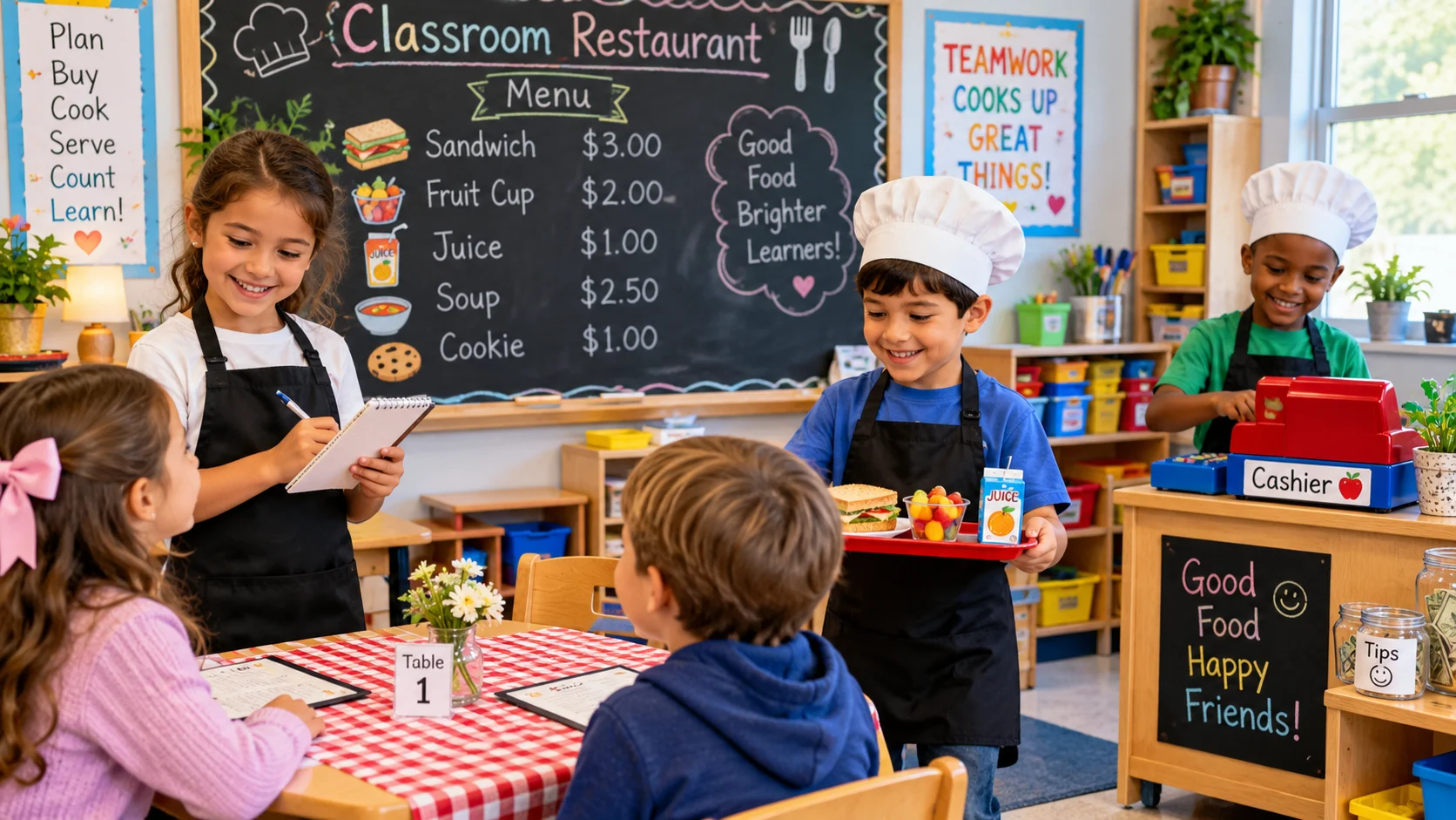 Children role-playing servers, customers, and cashier in a classroom restaurant with a menu board