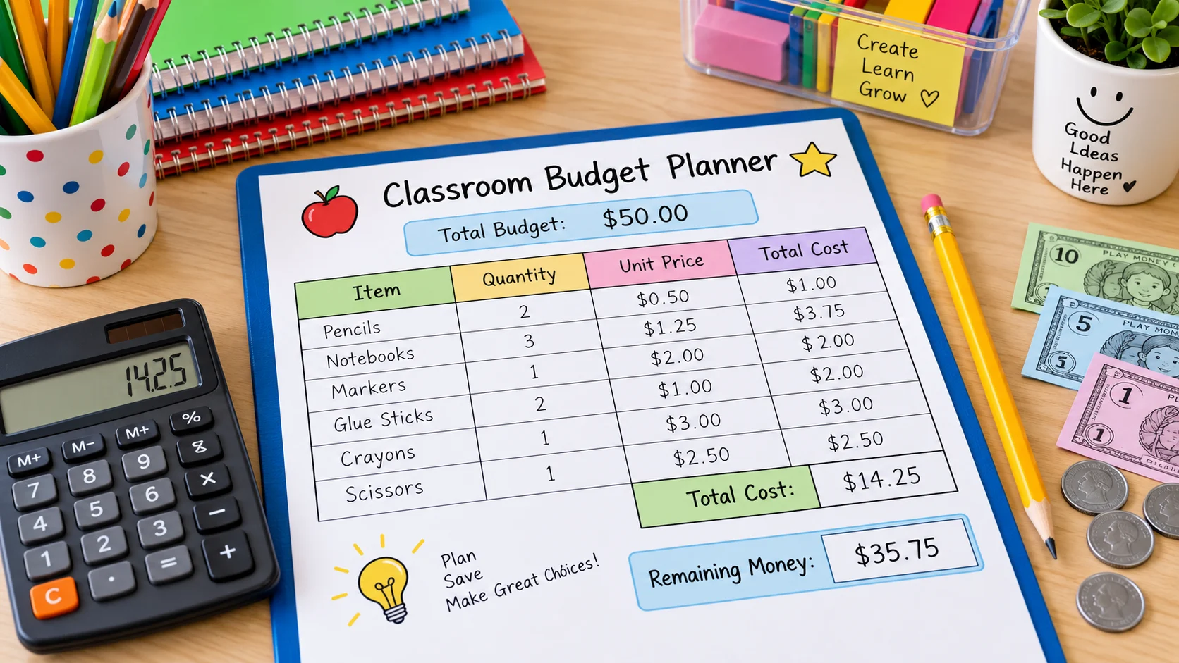 Classroom budget planner worksheet with item quantities, prices, calculator, pencils, and play money