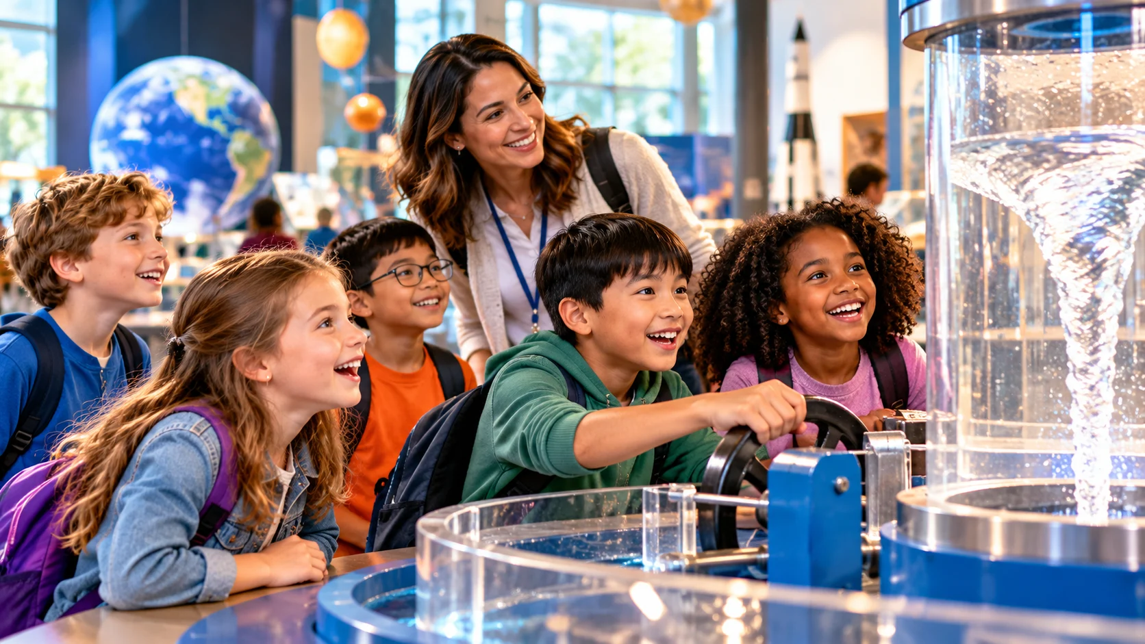 Children exploring interactive scientific exhibits during a school field trip