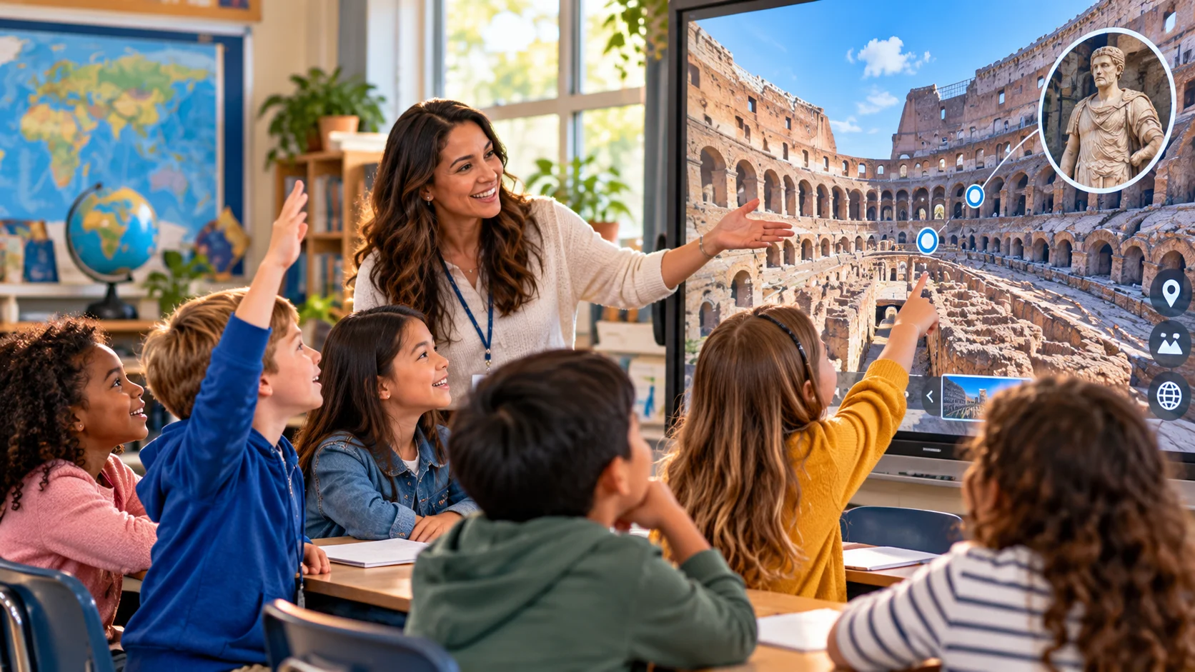 Teacher guiding elementary students through an interactive virtual museum field trip