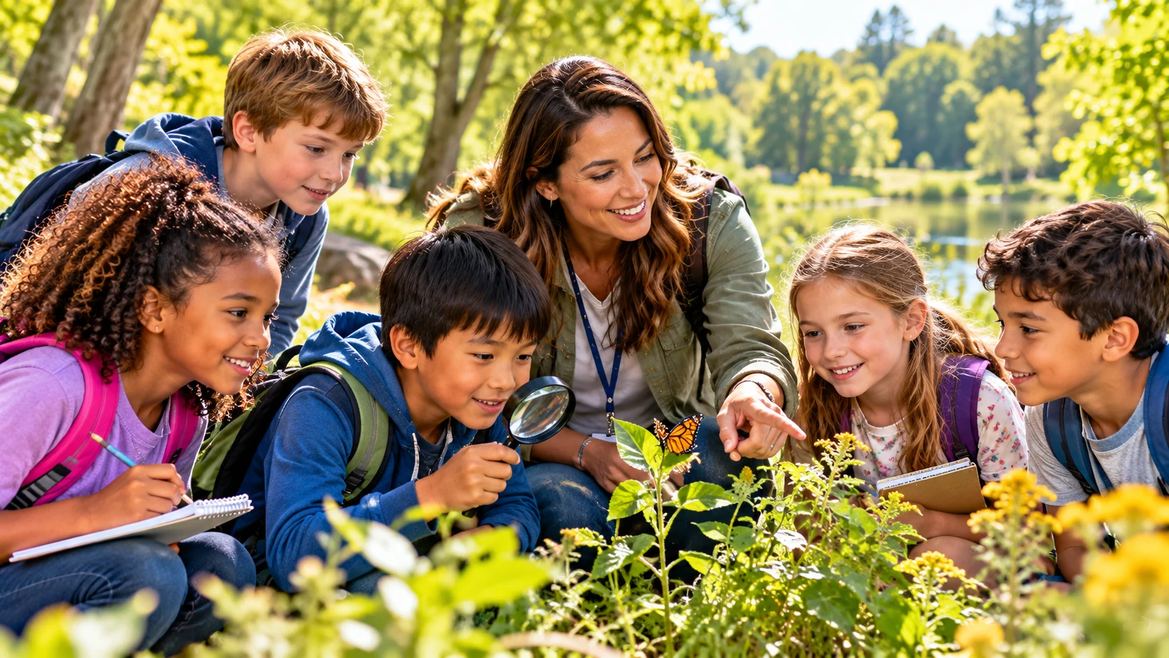Elementary school teacher helping students observe plants during a nature walk