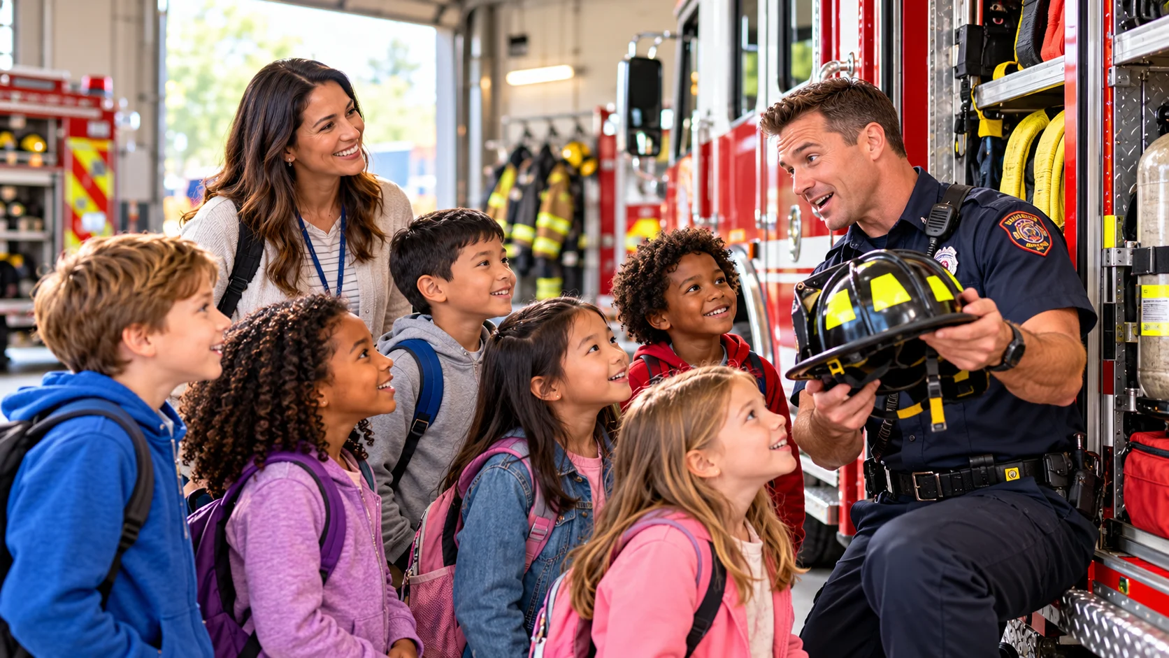 Firefighter introducing elementary school students to emergency safety equipment