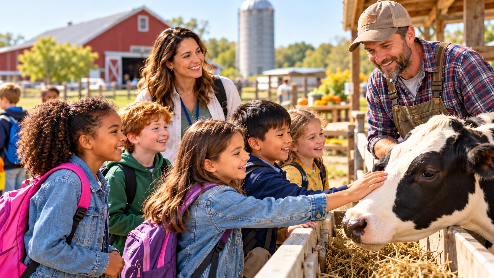 Elementary school students learning about farm animals during an outdoor educational outing
