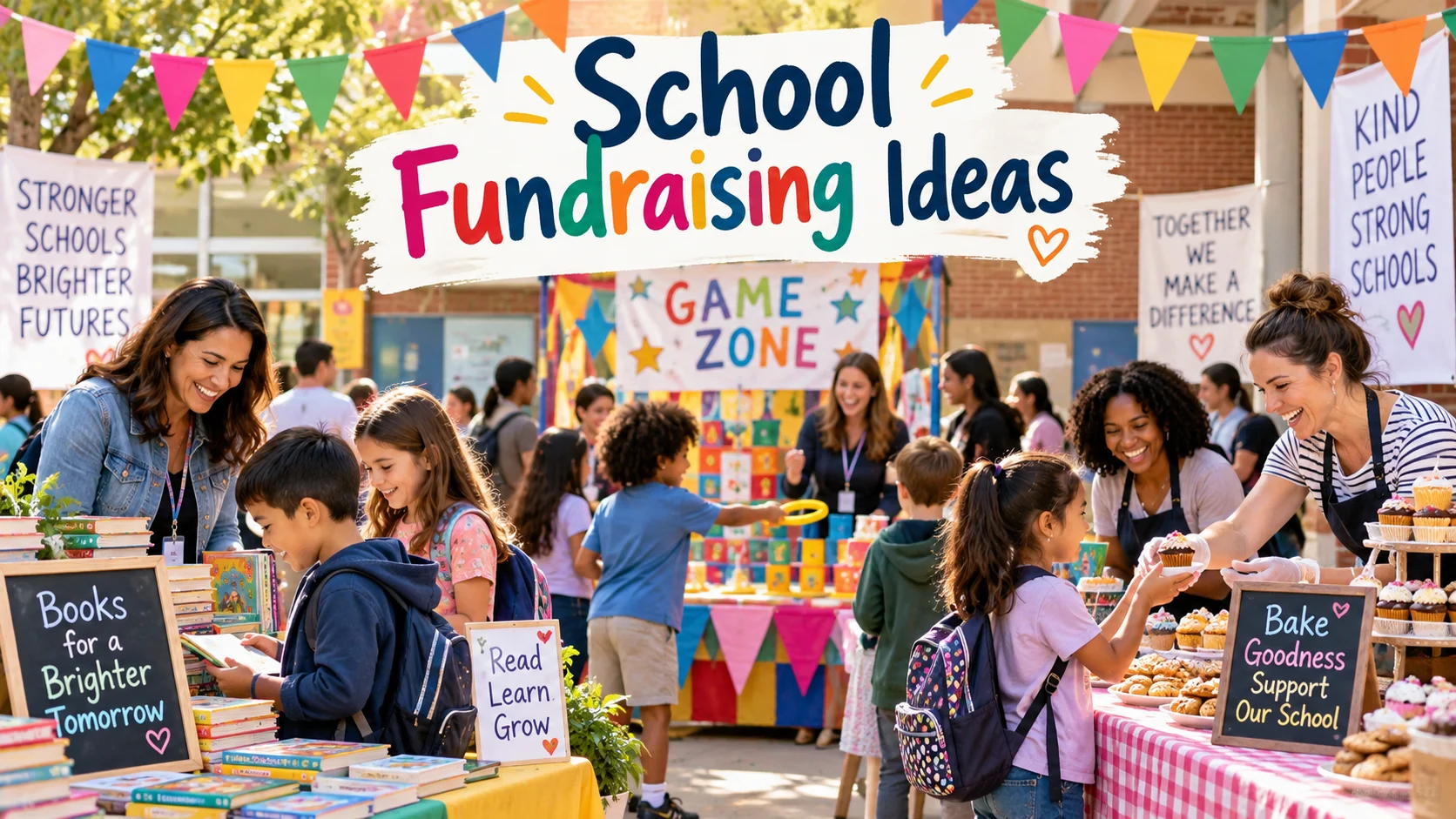 Teachers and students enjoying a colorful school fundraising event