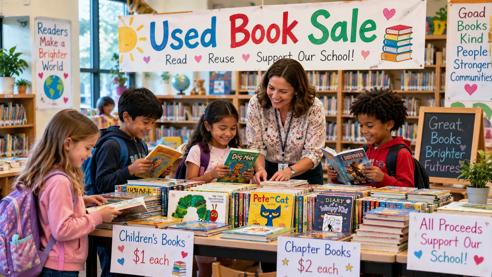 Teacher helping students choose books at a school used-book sale