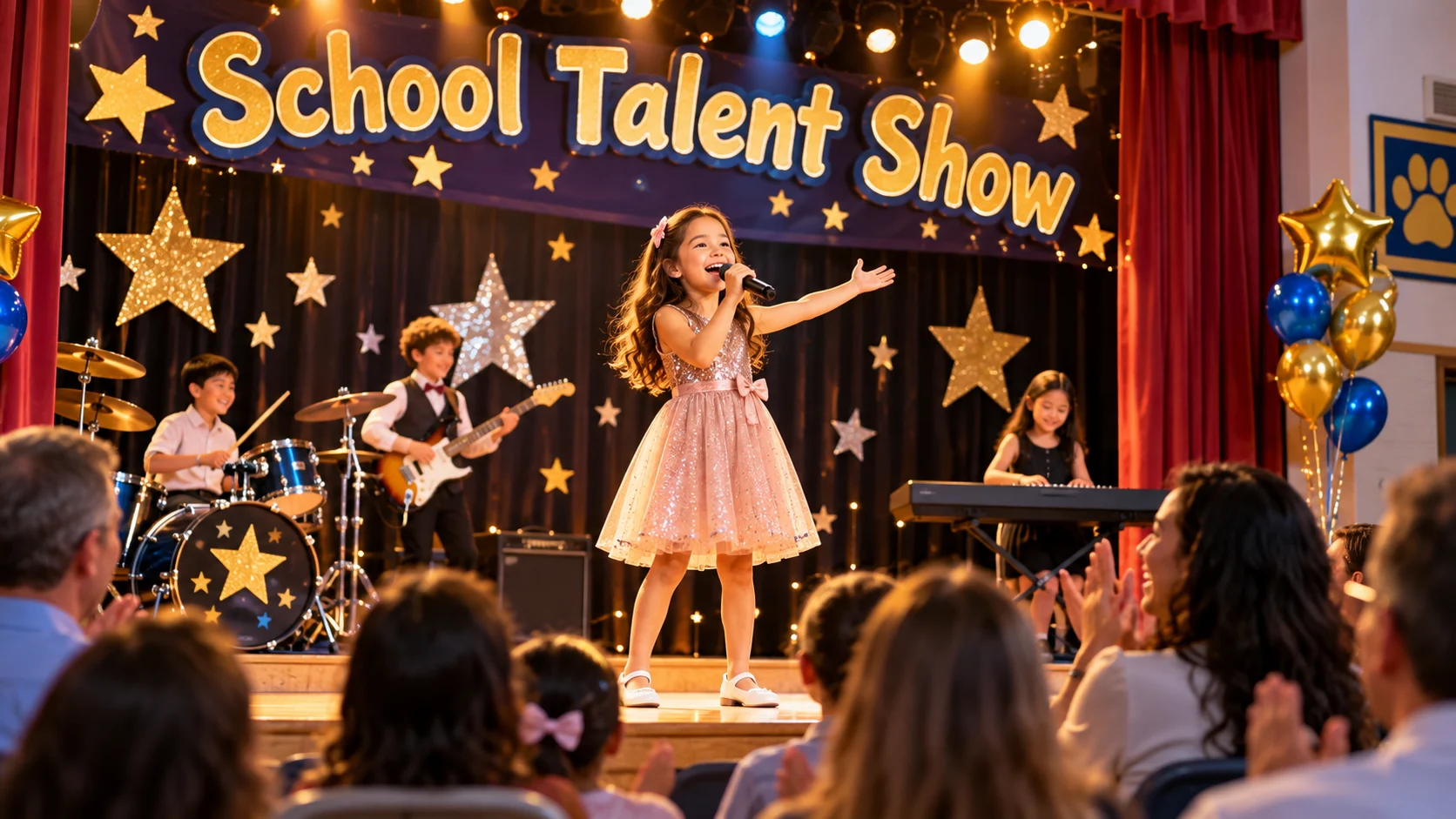 Students performing on stage during a school talent show fundraising event