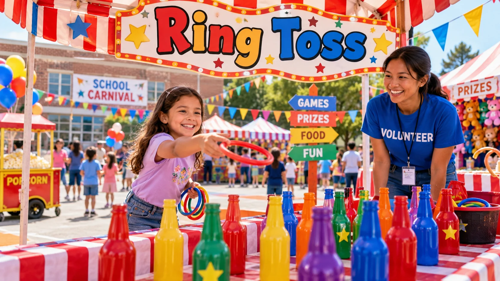 Colorful ring toss booth at a school fundraising carnival