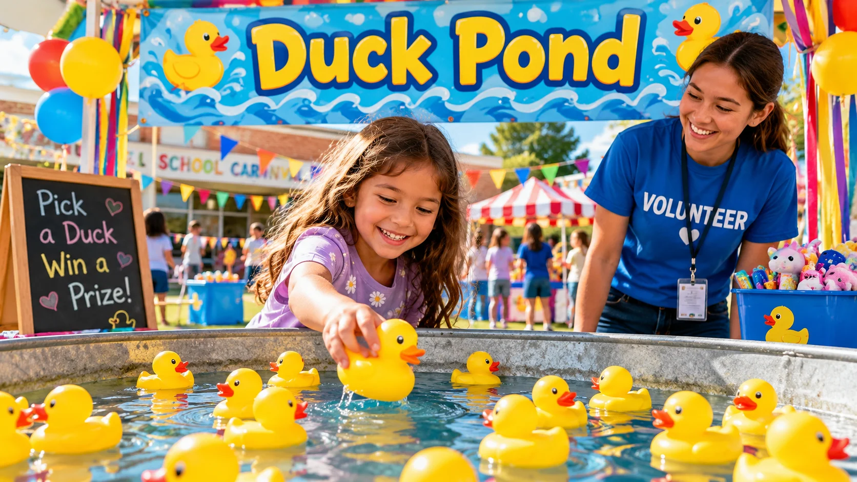 Children enjoying a rubber duck pond game booth at a school carnival