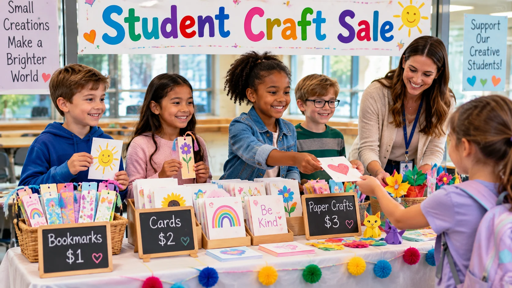 Students displaying handmade crafts during a school fundraising market