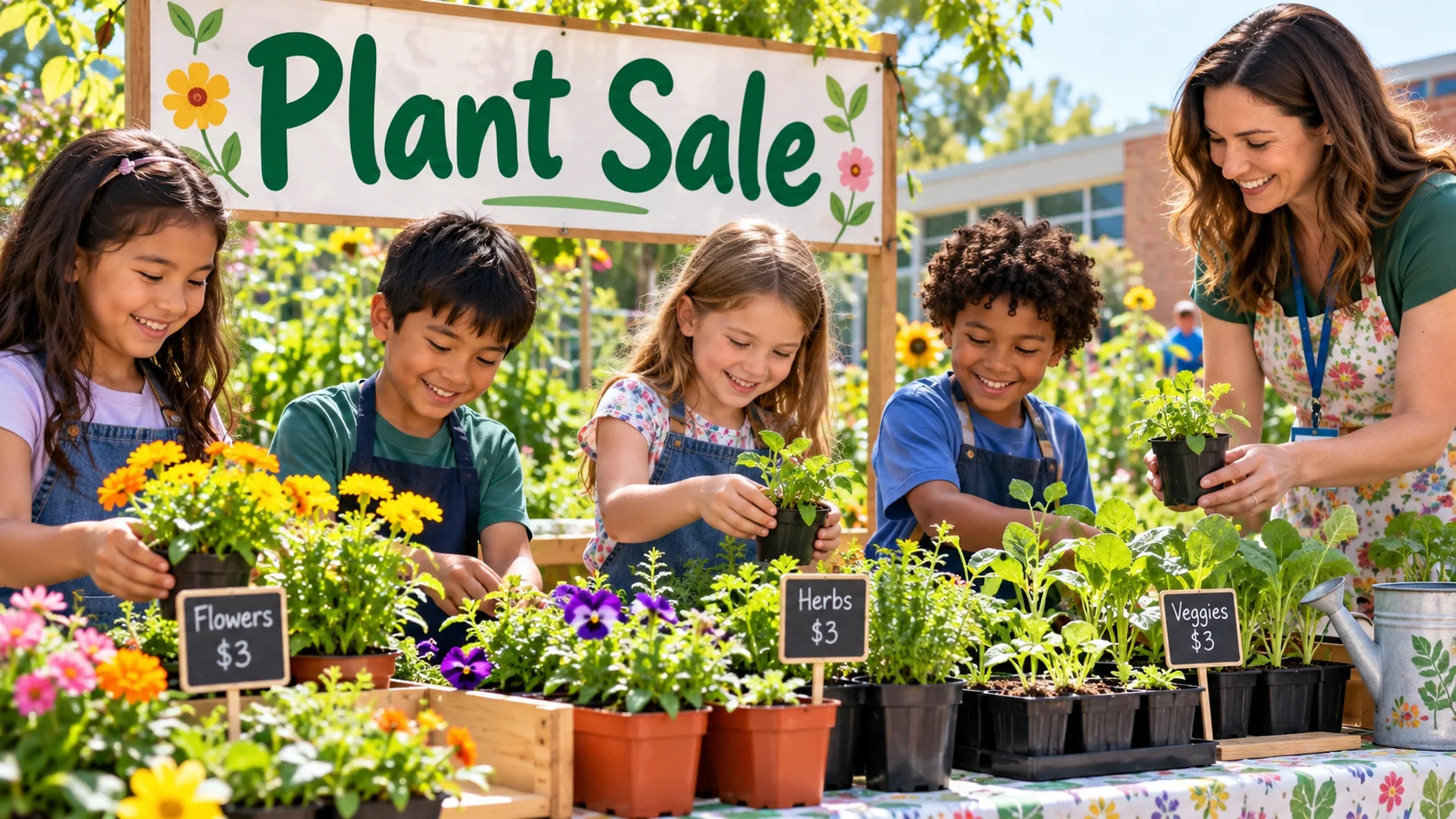 Students selling flowers, herbs and seedlings at a school garden plant sale