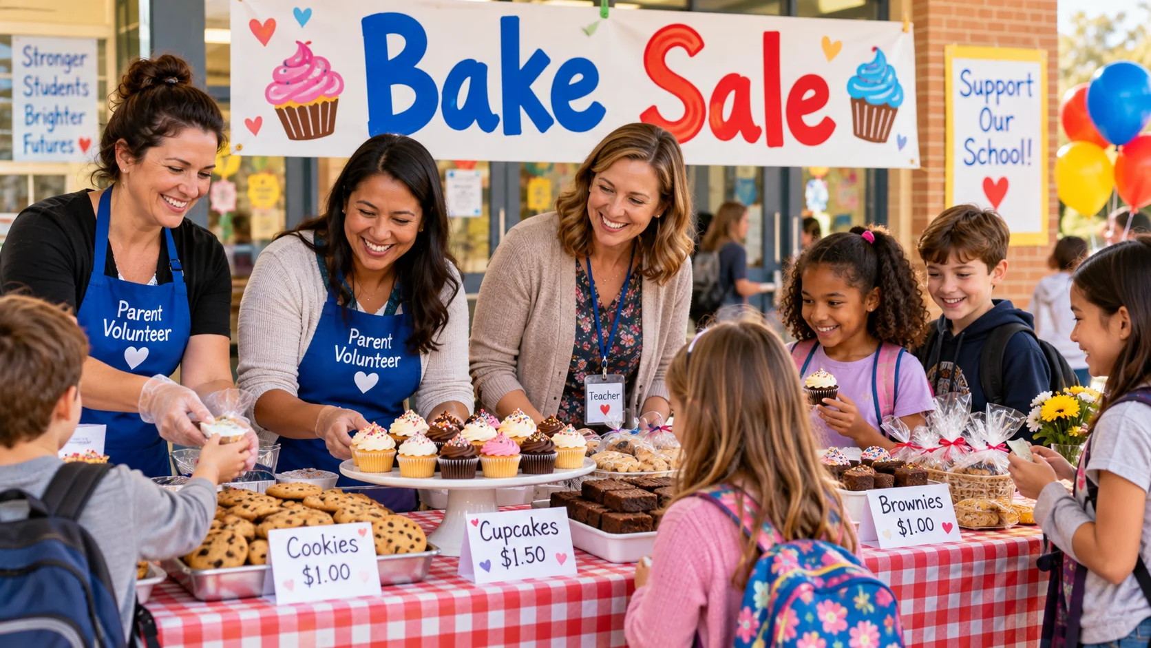 Students and volunteers organizing a school bake sale with cupcakes and treats