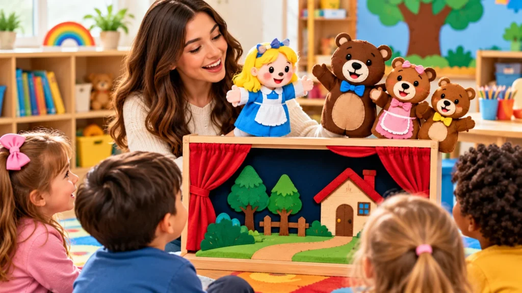 Preschool teacher demonstrating a story basket activity with Goldilocks dolls, three bears, and storytelling props
