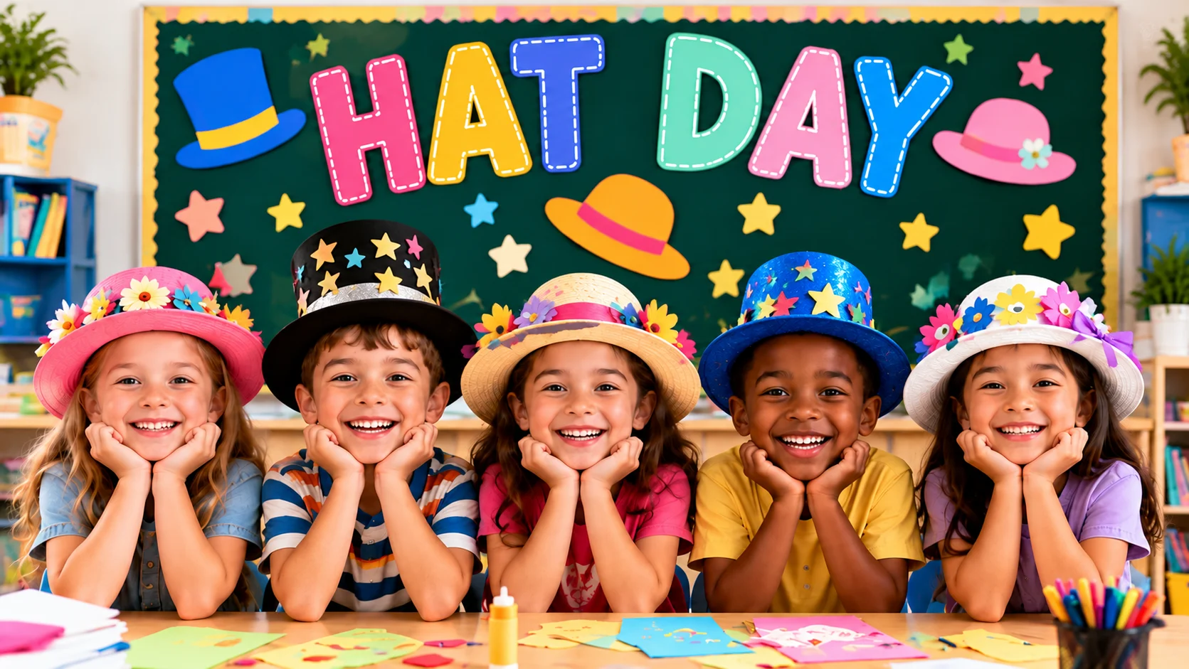 Happy kindergarten students wearing colorful decorated hats during ABC Countdown Hat Day