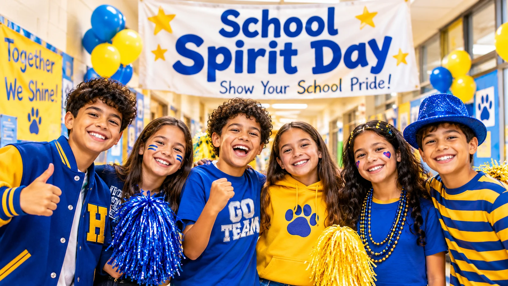 Students celebrating school spirit day wearing colorful school outfits and accessories