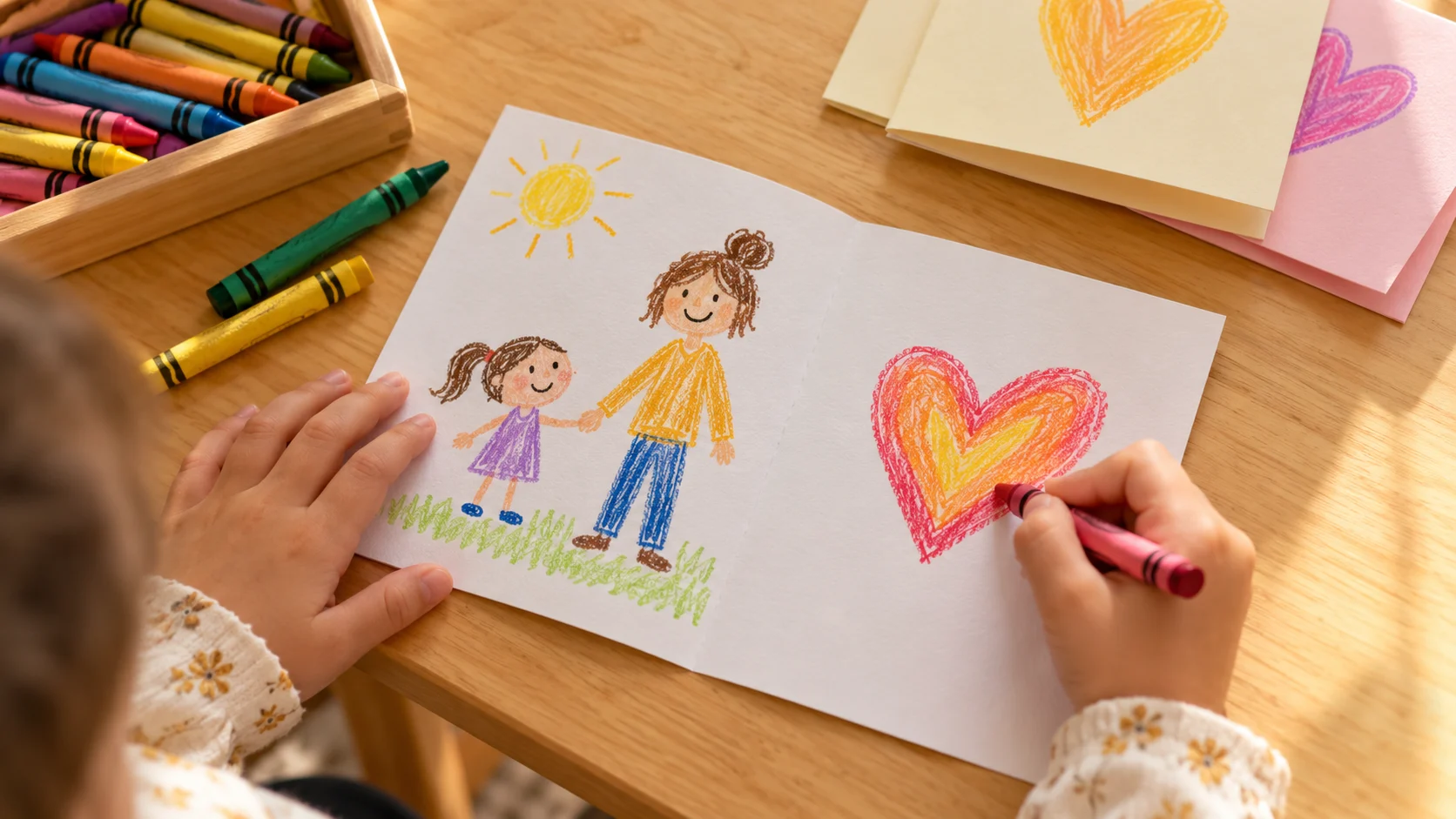 Child coloring a caregiver appreciation booklet with a family drawing and a heart.