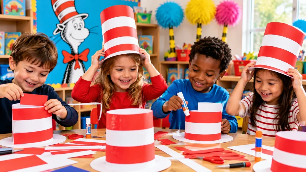 Preschool children making red-and-white striped paper hats with construction paper and glue during a Dr. Seuss craft activity.