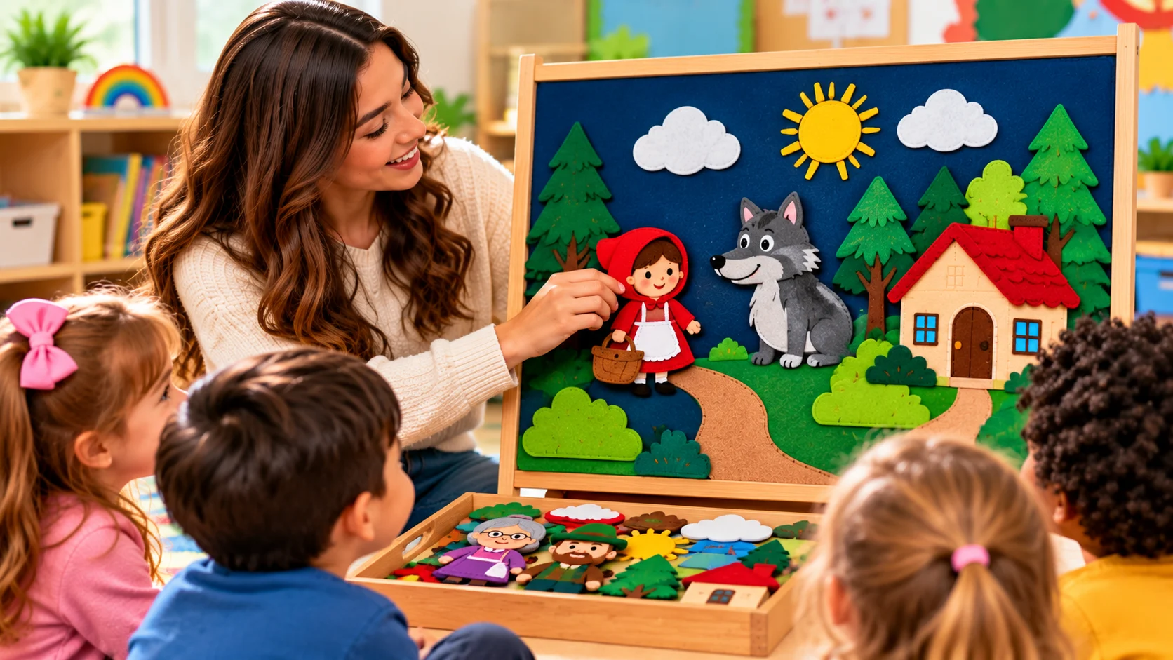 Preschool teacher using a colorful felt board with Little Red Riding Hood characters to teach story retelling.
