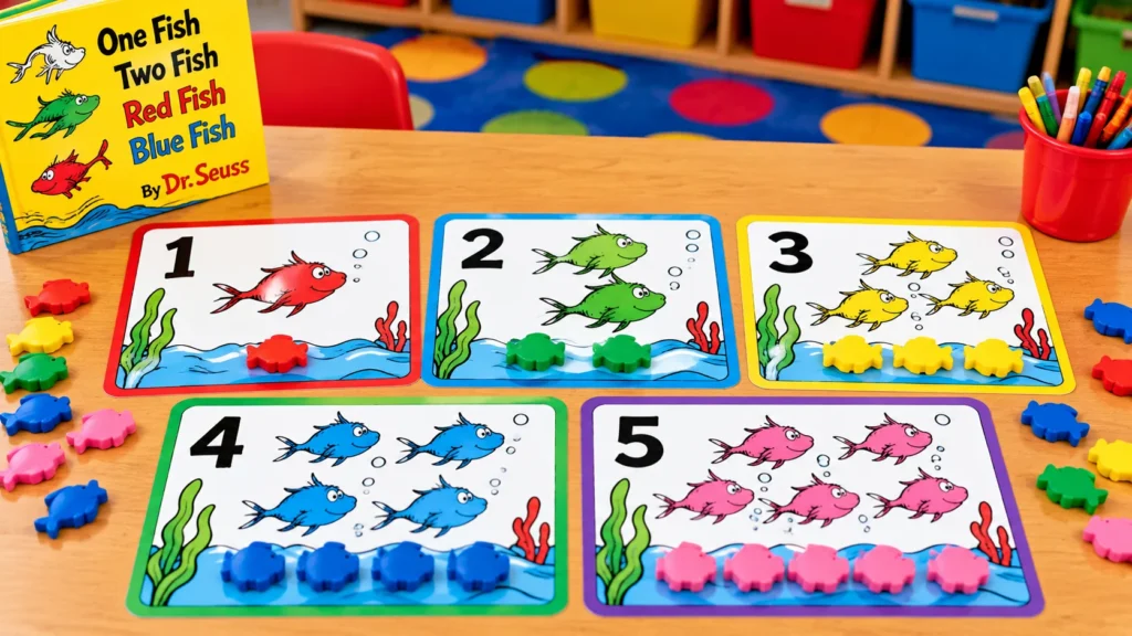 Colorful fish counting mats numbered one through five with matching fish counters arranged on a classroom table.