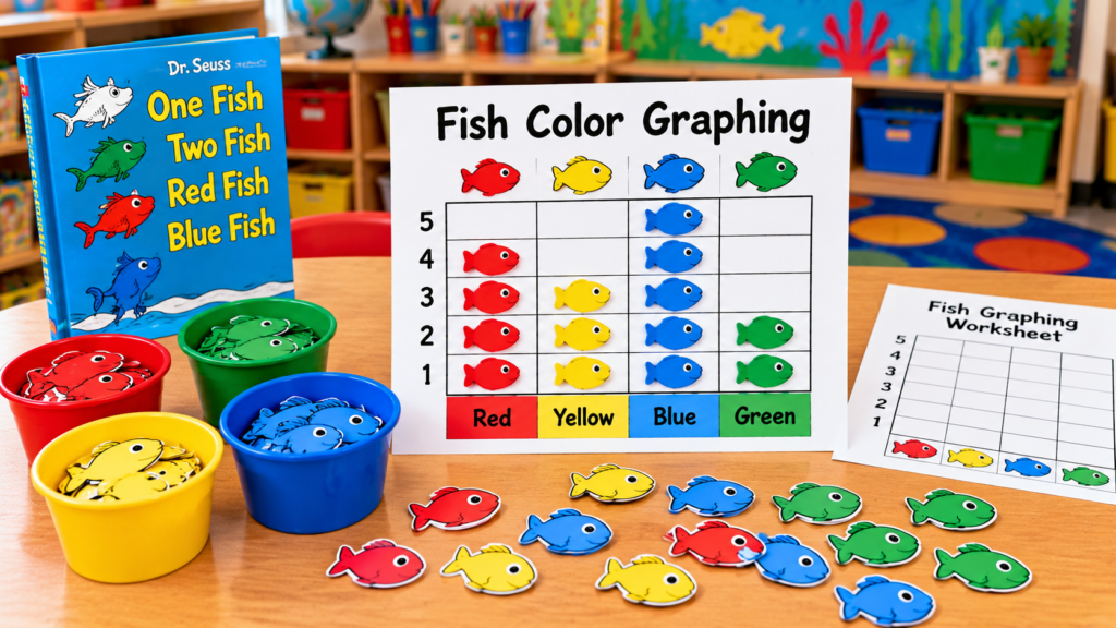 Preschool fish color graph showing red, yellow, blue, and green fish counters organized into columns.