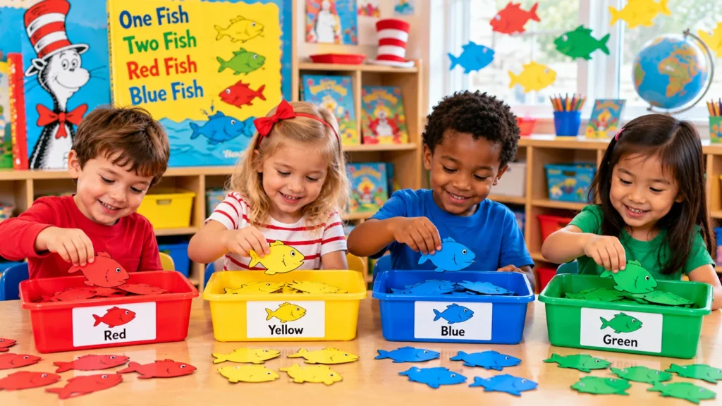 Preschool children sorting red, yellow, blue, and green paper fish into matching colored trays