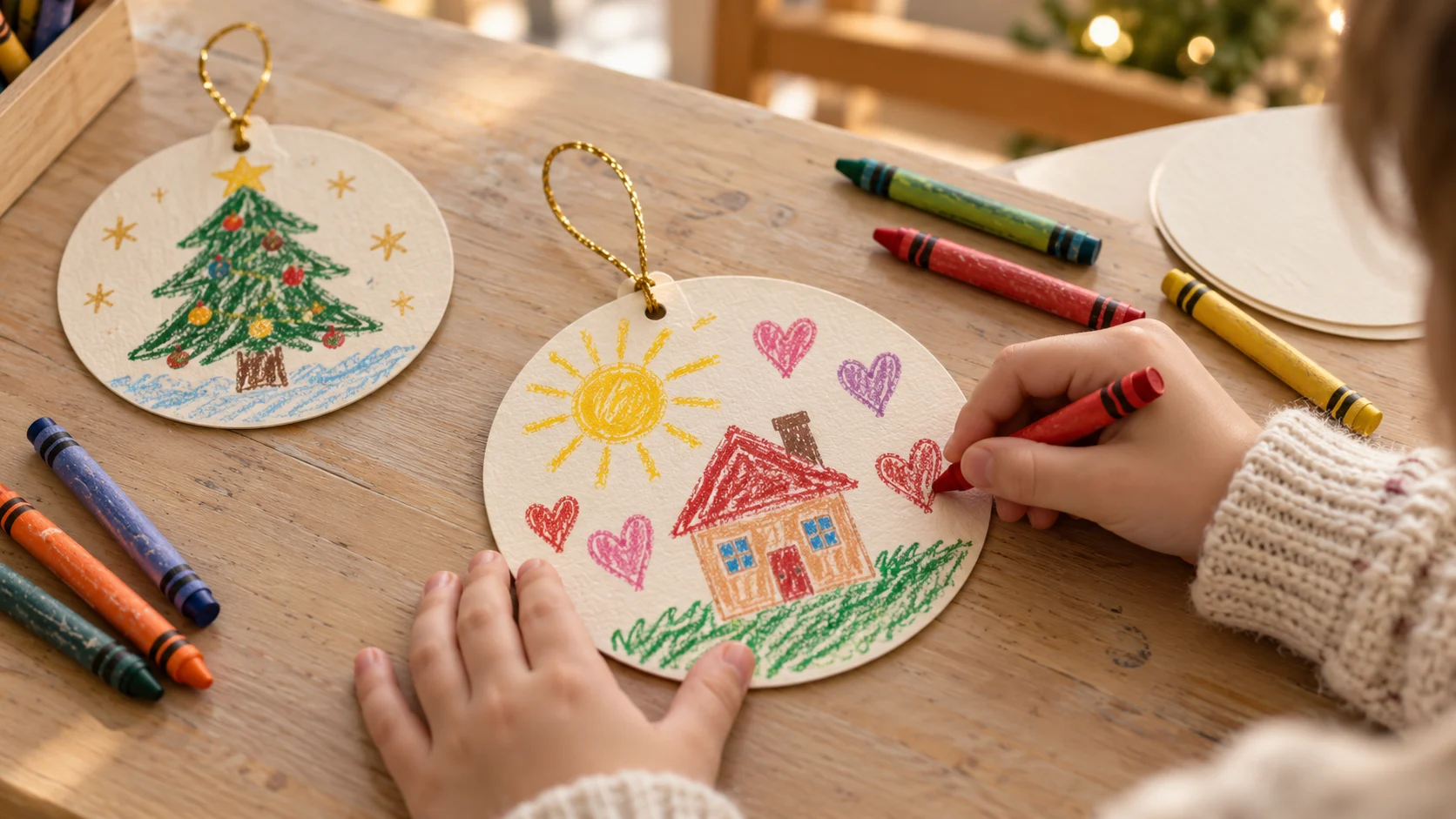 Child coloring a circular paper keepsake ornament with a house, hearts, and a short gold hanging loop.