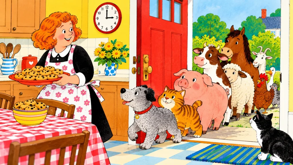 Cheerful illustrated kitchen scene showing a woman with cookies welcoming a group of animal visitors through the door.