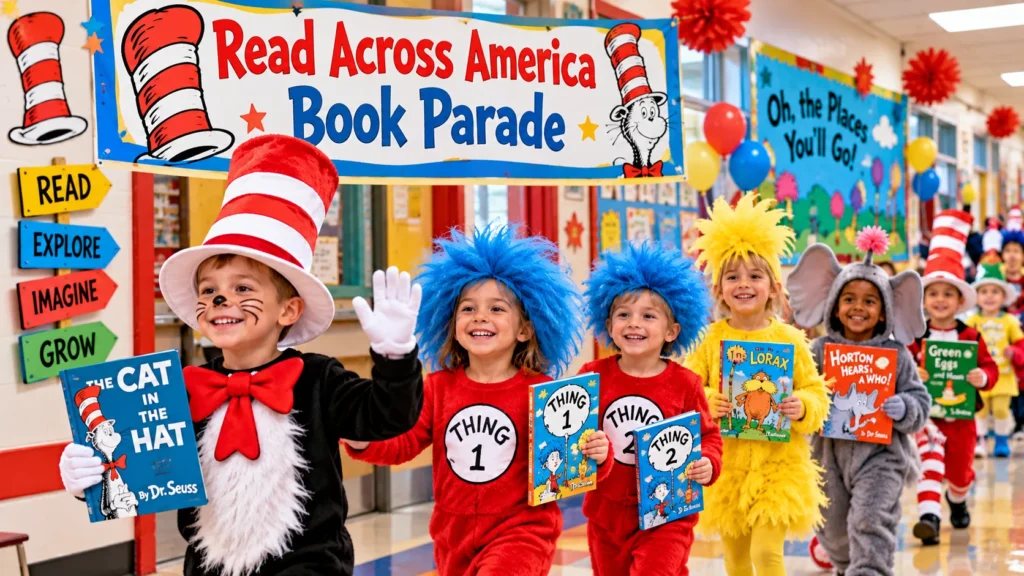 Preschool children dressed as Dr. Seuss-inspired characters carrying picture books during a Read Across America school parade.