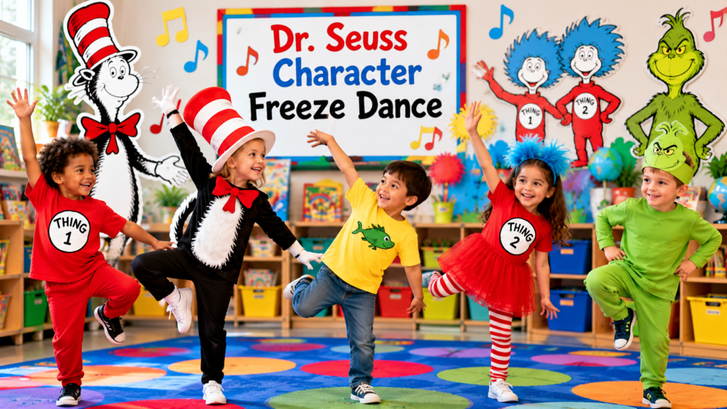 Preschool children wearing Dr. Seuss-inspired costumes while posing during a classroom freeze dance activity.