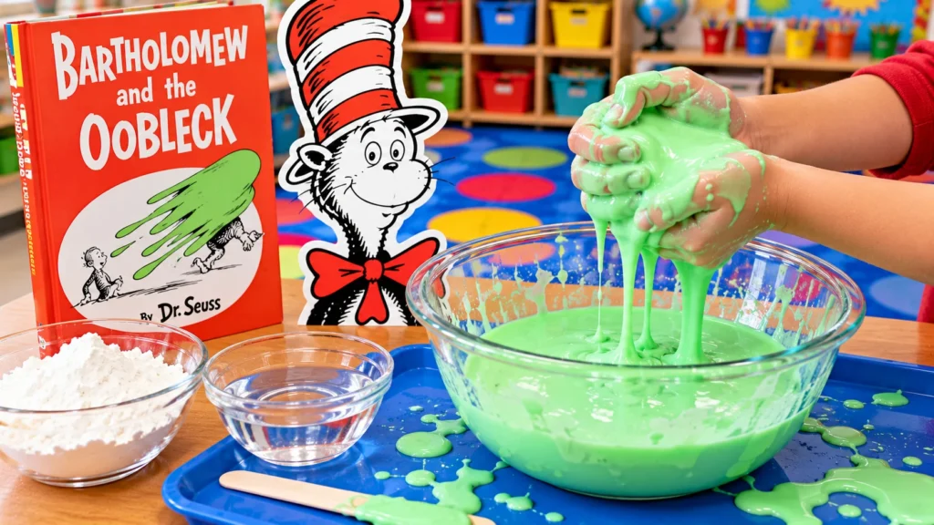 Child squeezing green cornstarch oobleck over a clear mixing bowl during a preschool sensory science experiment.