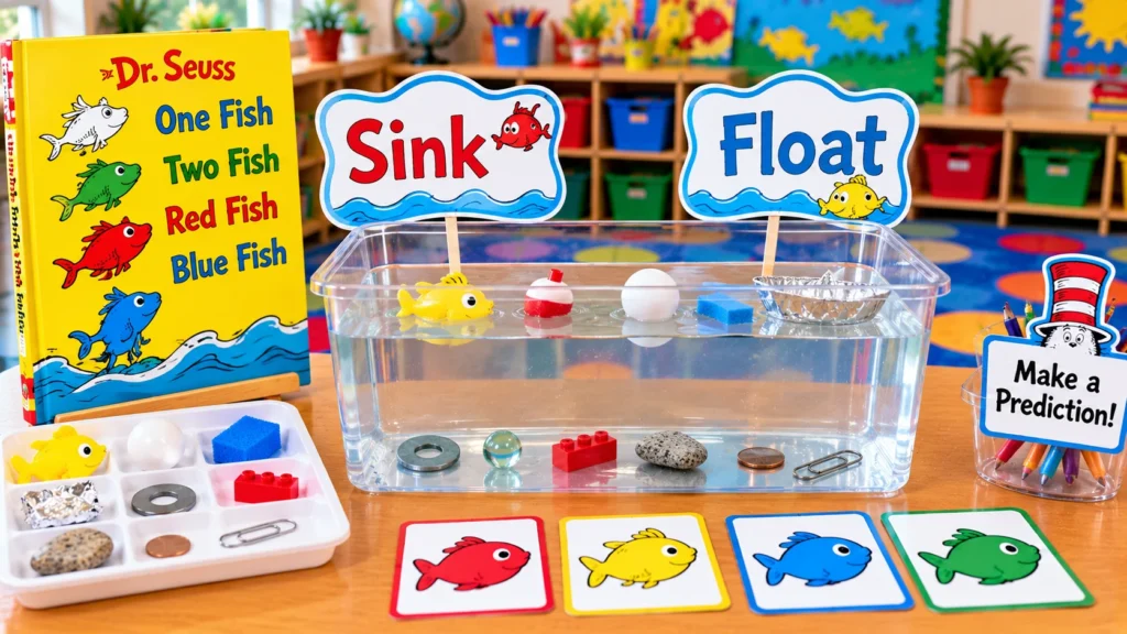 Classroom sink-or-float science experiment with toy fish and different objects in a clear water-filled container.
