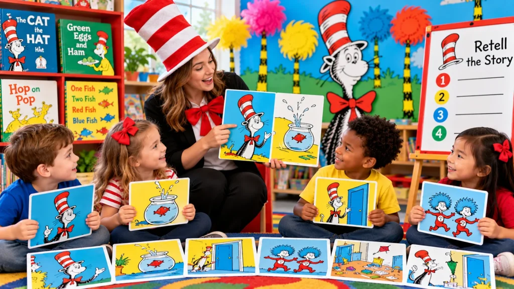 Teacher helping preschool children retell Dr. Seuss-inspired stories using colorful picture cards and a storybook
