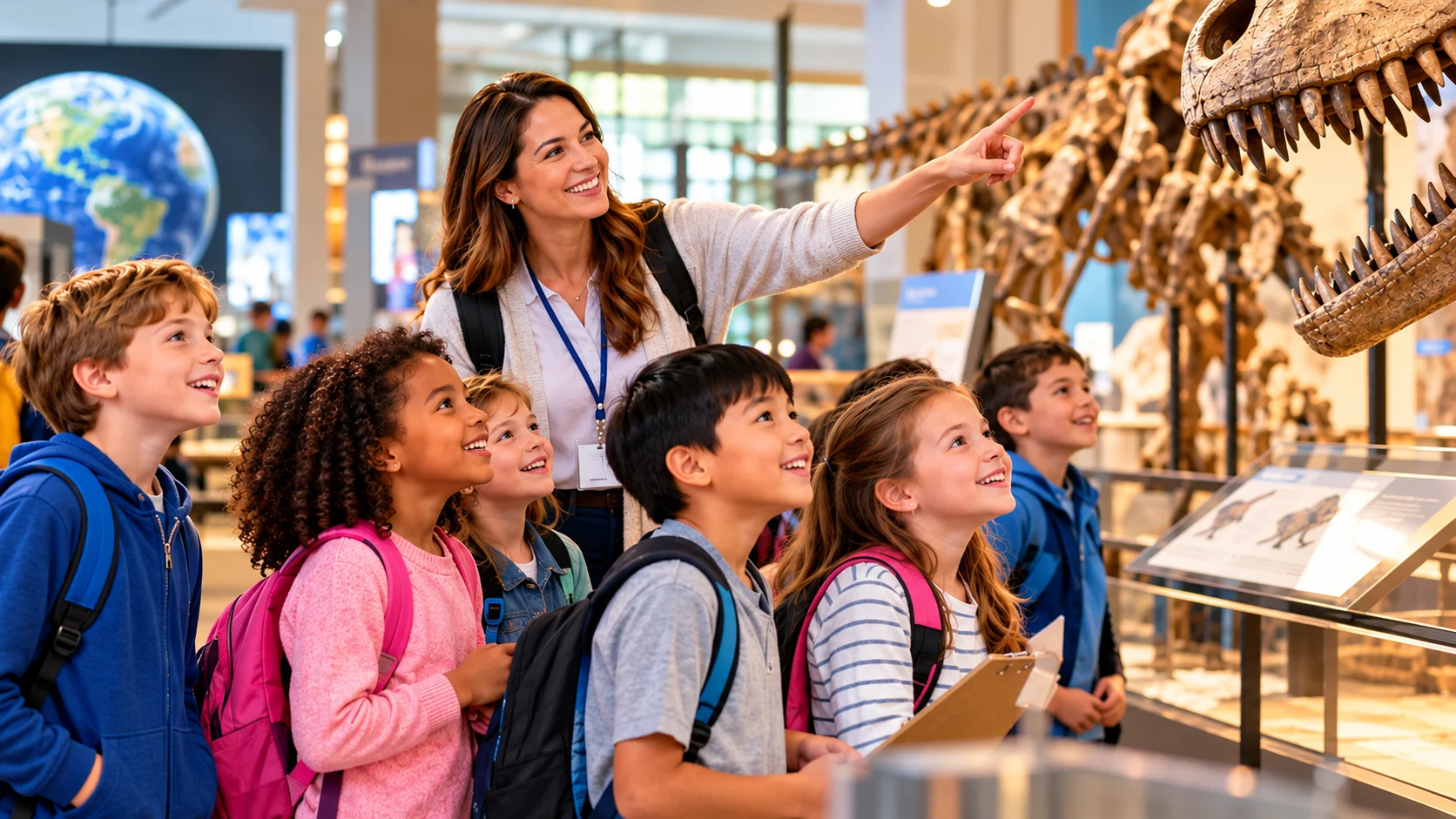 Elementary school students exploring a dinosaur museum during an educational field trip