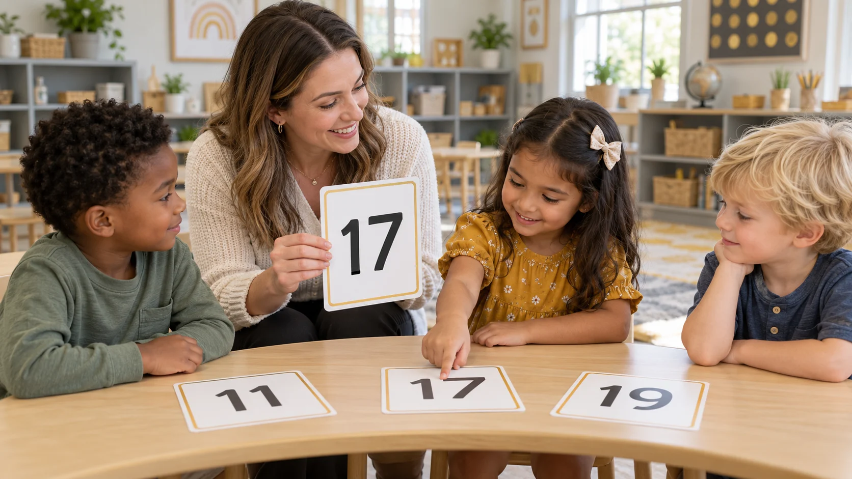 Teacher supporting a small group with numeral 17 cards