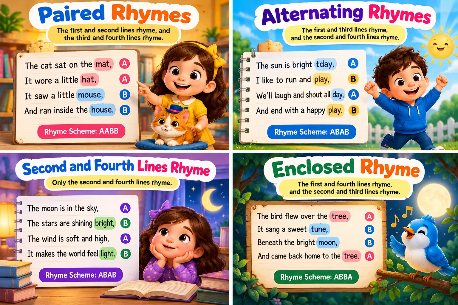 Four rhyme schemes AABB ABAB ABCB and ABBA illustrated for children