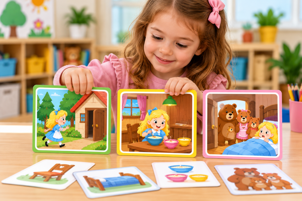 Preschool girl arranging beginning, middle, and end picture cards to retell the Goldilocks story in order.