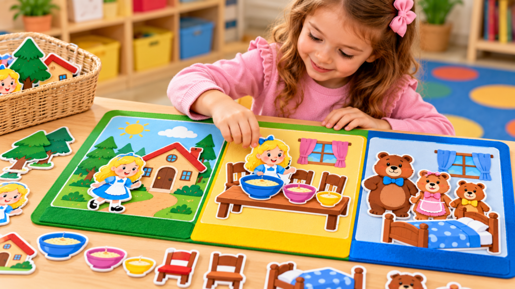 	Young child using colorful story retelling mats and character cutouts to sequence Goldilocks story events.