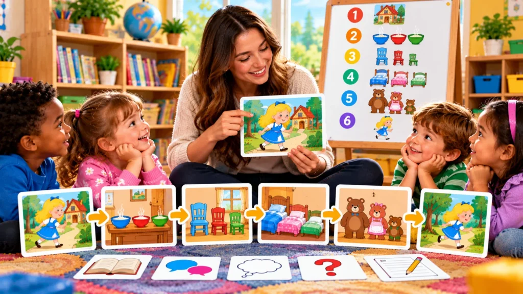 Preschool teacher and children exploring story retelling activities with puppets, picture cards, and fairy tale books.