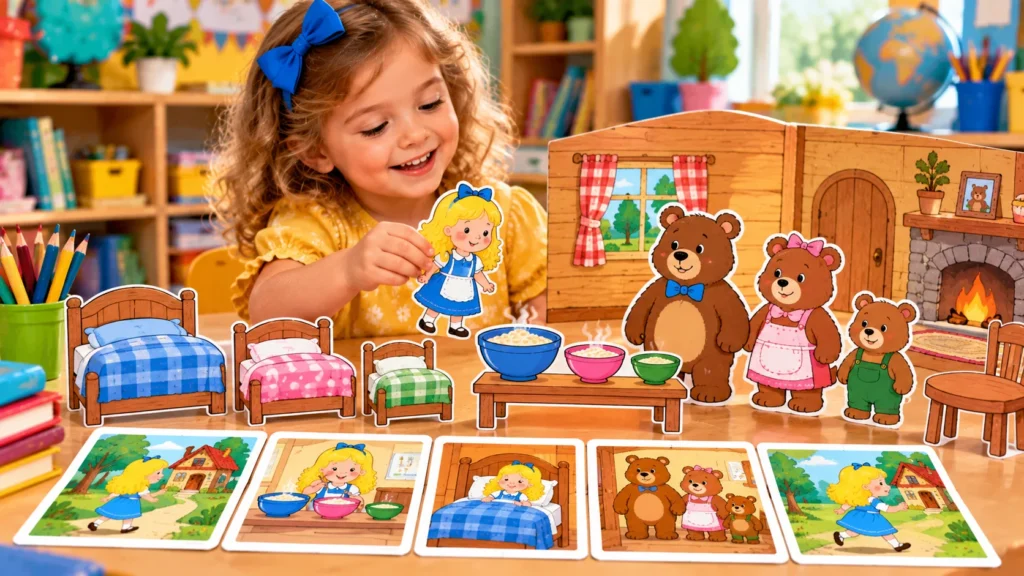 Young girl arranging Goldilocks characters, bear cutouts, toy beds, and picture cards during a preschool retelling activity.