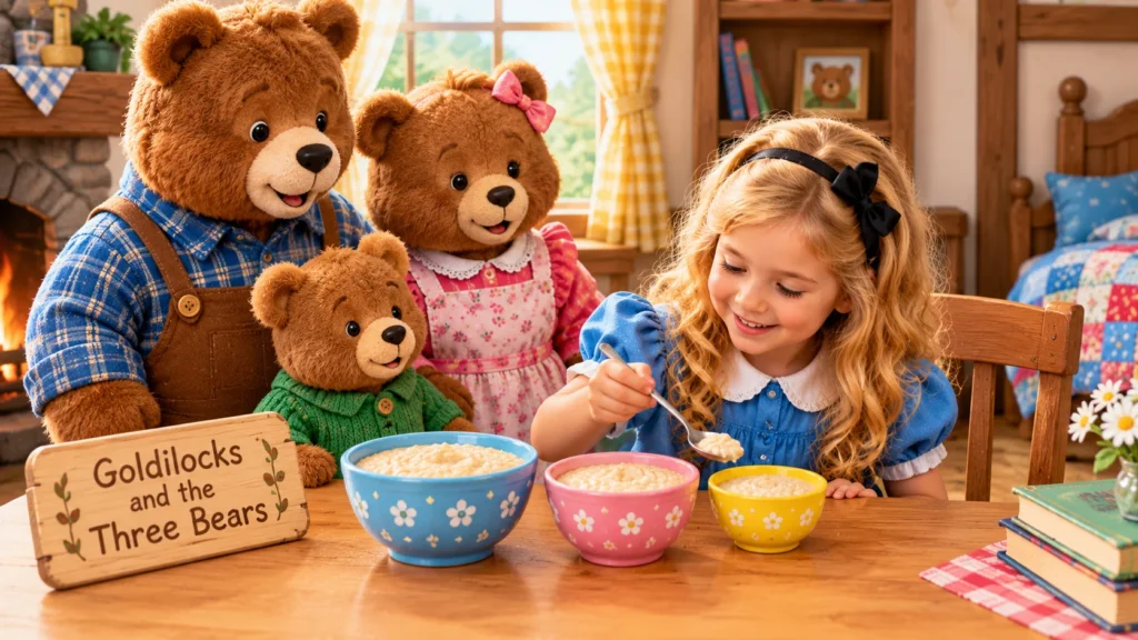 Goldilocks tasting porridge while the three bears watch inside a colorful, cozy storybook cottage.