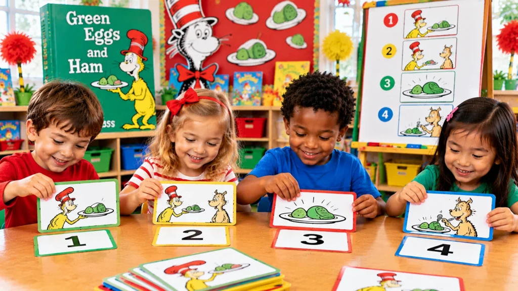 Preschool children arranging Green Eggs and Ham picture cards in numbered order during a story sequencing activity.