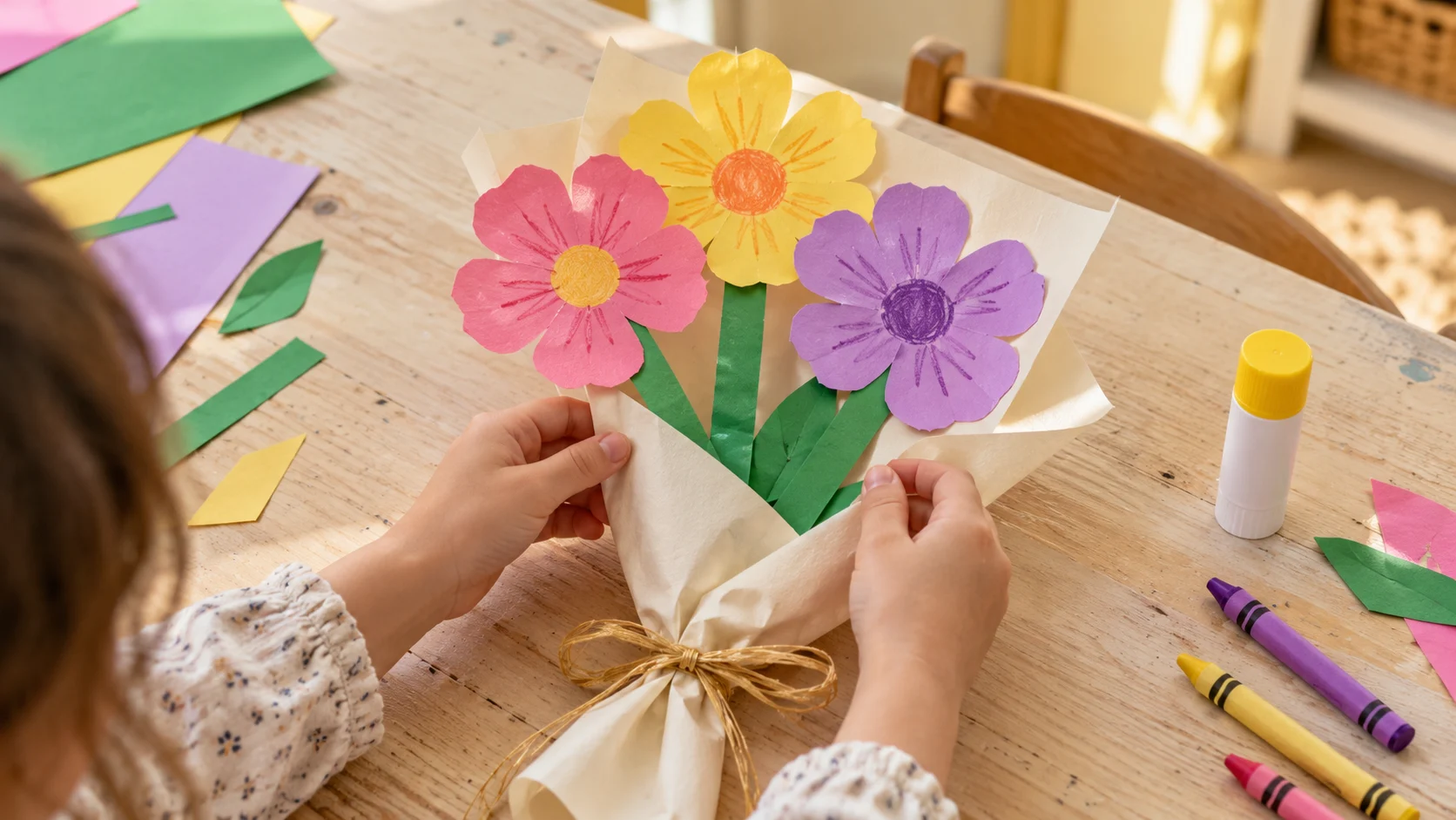 Child holding a handmade bouquet of pink, yellow, and purple paper flowers.