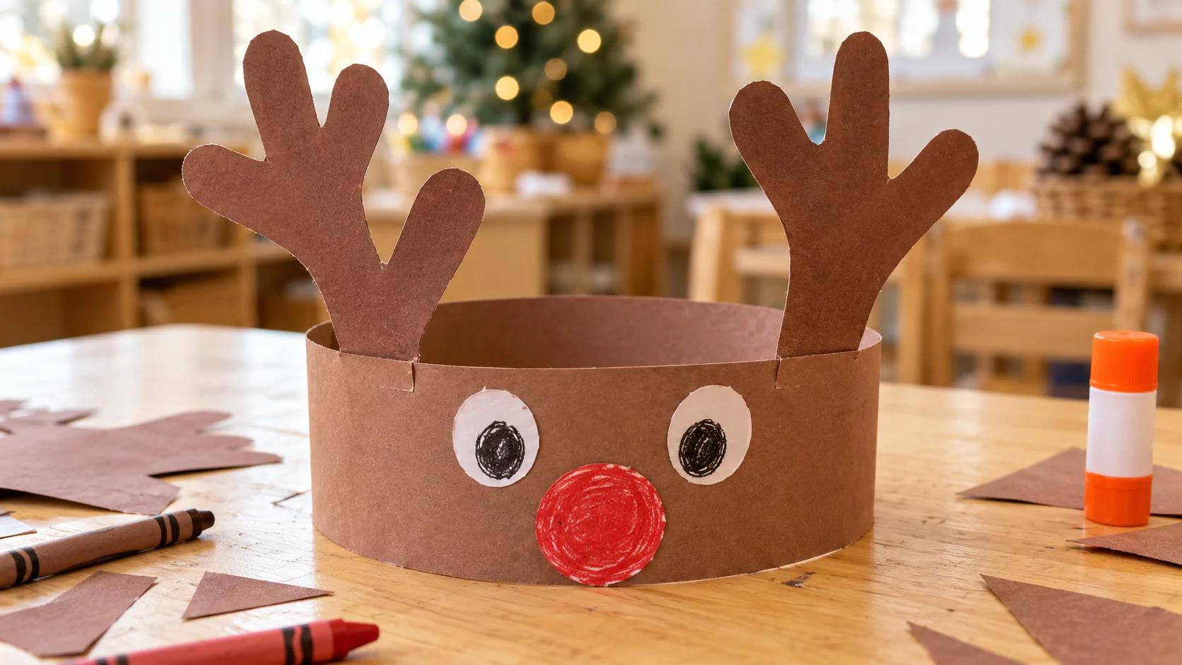 Handmade brown paper reindeer headband with paper antlers and a red nose.