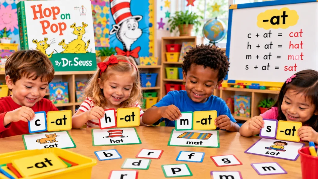 Kindergarten children building cat, hat, mat, and sat words using letter cards in a Hop on Pop word family activity.